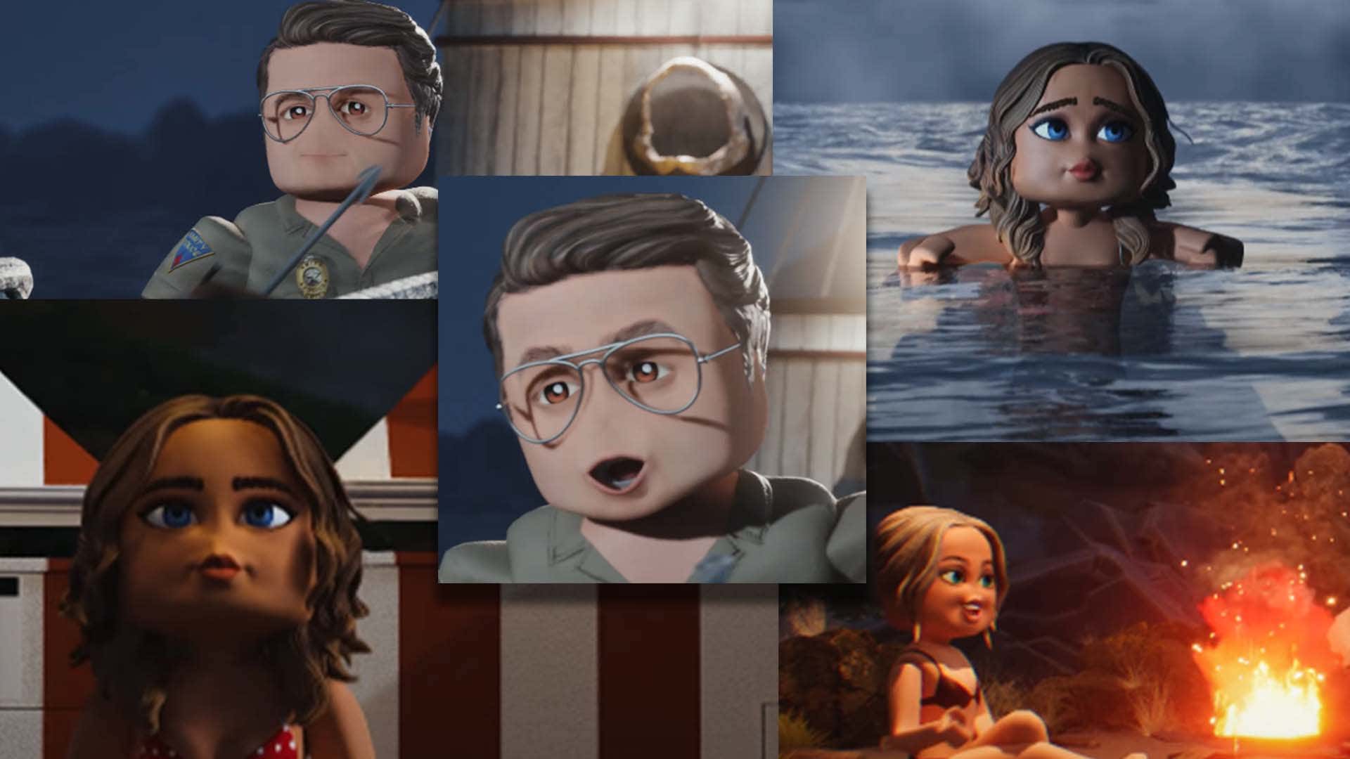 Eine Collage der verschiedenen schrecklichen Gesichter, die im Trailer zu „Der Weiße Hai“/Roblox zu sehen sind. 